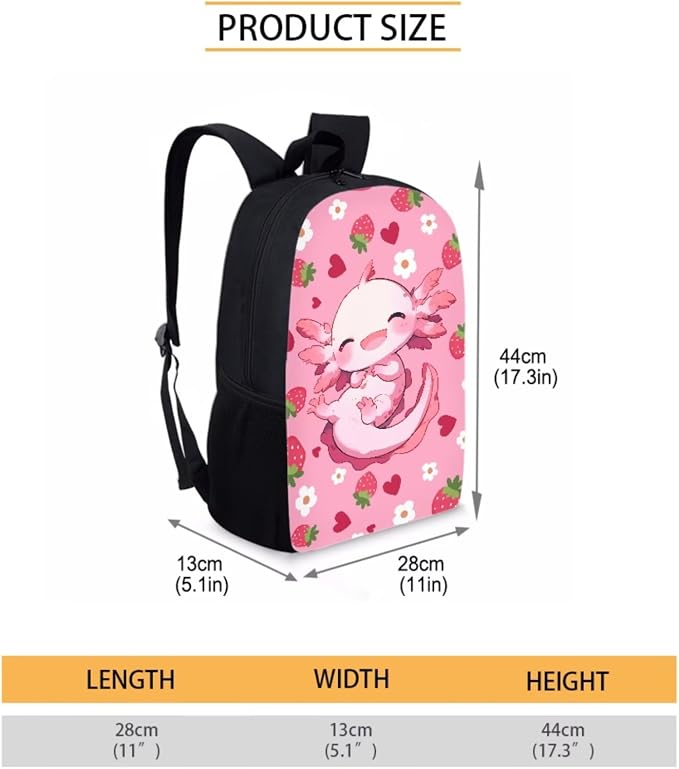 Axolotl Backpack for School Girls 3rd Grade Preppy with Lunch Box Strawberry Bookbag and Lunch Bag Set 17in Elementary Schoolbag Lunch Bag Pencil Case Water Bottle Holder 4 in 1 Back Pack - Image 4