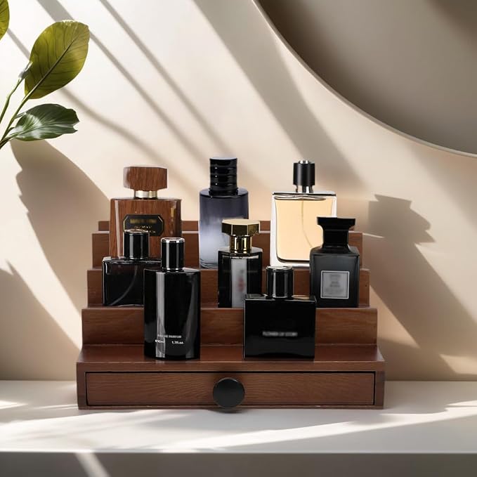 4 Tier Men's Cologne Organizer, Walnut Brown Wood Display Stand with Drawer | Tiered Cologne Shelf, Display Rack and Tray, Drawer Storage, Countertop Dresser Organizer, Mens Room Decor, Gift for Him - Image 2