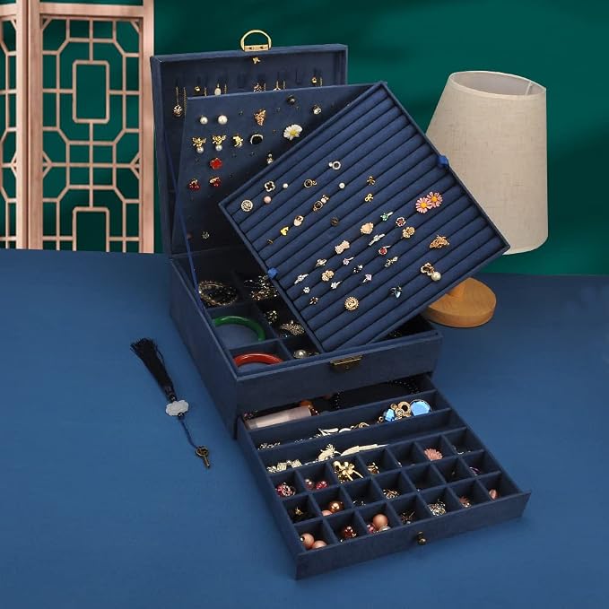 Jewelry Organizer 5 Layers Velvet Square Jewelry Box Women Necklace Ear studs Display Bangles Large Jewelry Storage Case Drawer GY306 (Navy) - Image 6