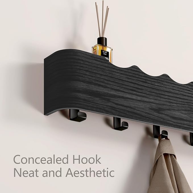 Wall Mounted Coat Rack with Shelf, Wooden Entryway Organizer with Hidden Metal Hooks for Hanging Coats Bags Keys, Modern Floating Shelf for Hallway Bathroom - Image 3