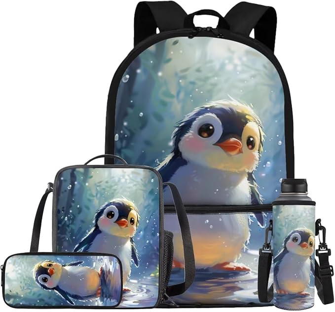 Penguin Backpack for Girls Kids Backpack with Lunch Box Water Bottle Holder with Strap and Kawaii Pencil Case 4PCS Set Cute Bookbag with Front Pocket 17 inch Large Capacity School Bag for Boys by ELEDIZI