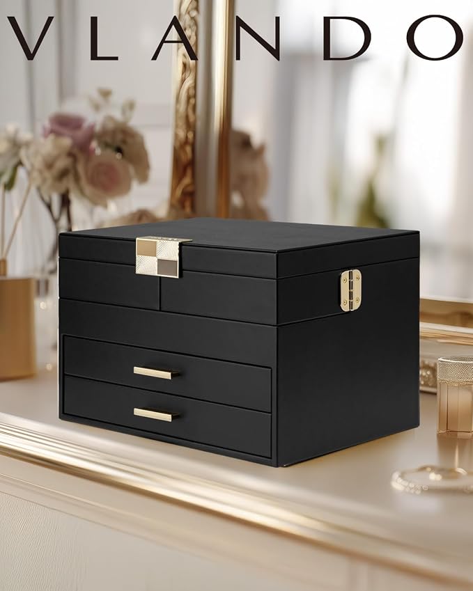 VLANDO 4 Layers Jewelry Box - Women Jewelry Box with Retractable Tray - Jewelry Organizer with Drawer for Necklaces, Rings, Bracelets, Earrings, Gift for Couples Mom Girls - Black - Image 2