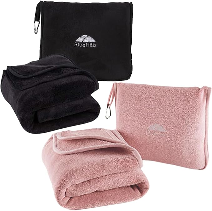 BlueHills Long Travel Blanket Pillows for Two Airplane Traveling Essentials Flight Throws in Bag case with Backpack Clip Compact Large Plane Accessories – Black and Pink by BlueHills