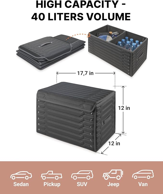 Owleys Trunk Storage 17.7" Collapsible Crate For Groceries, Tools & Travel Gear - Eco-Leather Car Organizer With Magnetic Lid - Practical Birthday Gift For Men (Highway 17) - Image 2