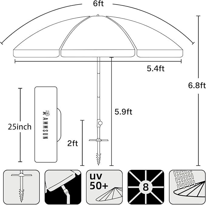 AMMSUN 6ft Folded Portable Travel Beach Umbrella with Sand Anchor Tilt Air vent UPF 50+UV Protection Fit In Suitcase Compact Foldable Telescopic umbrellas for Patio Garden Beach Pool Blue - Image 9