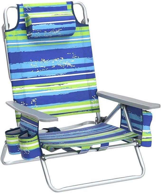 Giantex Folding Beach Chair, Patio Sling Chairs with 5 Adjustable Position, Head Pillow, Storage Bag, Towel Bar, Cup Holders, Backpack Chairs for Sunbathing, Camping Chair - Image 5
