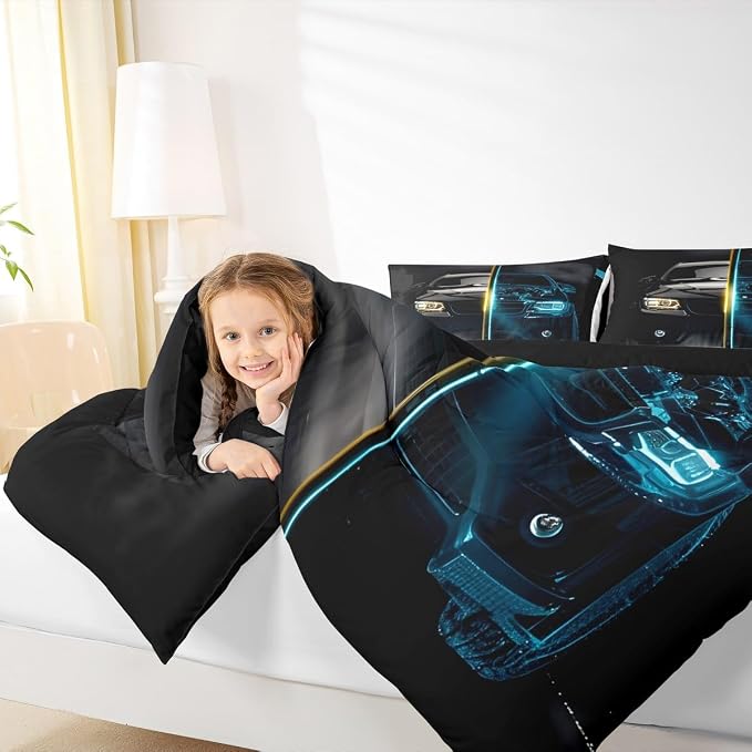 Erosebridal Kids Race Car Comforter Set Queen Size for Child Girls Boys Speed Sports Car Bedding Set, Teens Youth Extreme Sport Bedding Comforters Automobile Duvet Sets Bedroom Decor, Blue Black - Image 6