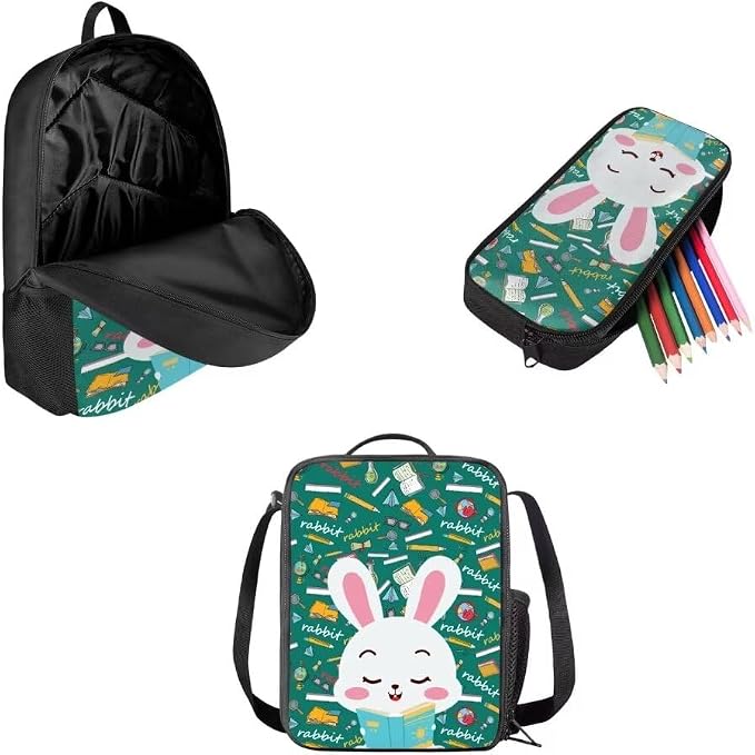 Mumeson Cartoon Rabbit Backpack School Bags Set for Kids Teen Casual Organizer Shoulder Bags School Supplies Satchel Schoolbag with Lunch Tote Bags Zipper Closure Pencil Case - Image 2