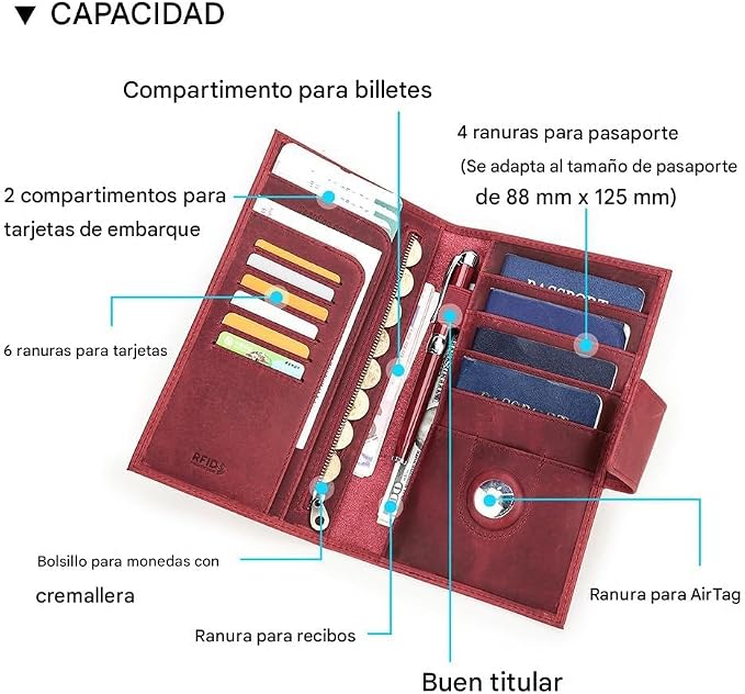 CONTACTS Full Grain Leather RFID Blocking Family Passport Holder for 4 Passport Wallet Compatible with Airtag Travel Passport Cover with 4 Passport Slot, 6 Card Slot (Red) - Image 4