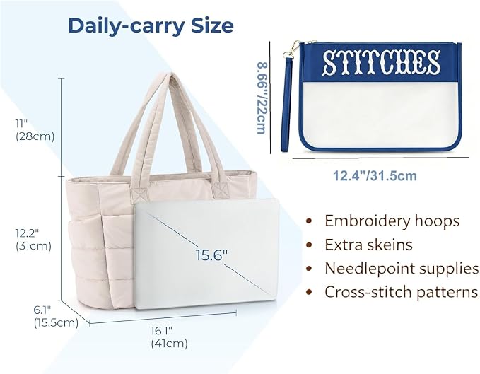 Needlepoint Tote Bag & Clear Zipper Pouch—Puffy Craft Organizer-Beige/Navy | Lightweight Puffy Project Bag for Embroidery Sewing Craft Storage Organizer/ 20L/Padded compartment– Gifts for Stitchers - Image 4