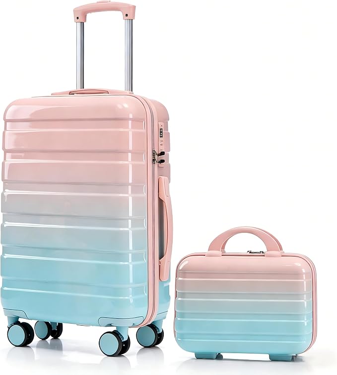 Gradient Color Suitcase 2-Piece Set, 20" Rotating Wheel Suitcase with 14" Cosmetic Case, Lightweight Durable Hardshell Luggage with 360° Spinner Wheels for Travel, Women & Girls (Blue+Pink) by Unknown