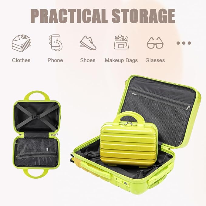 Gradient Color Suitcase 2-Piece Set, 20" Rotating Wheel Suitcase with 14" Cosmetic Case, Lightweight Durable Hardshell Luggage with 360° Spinner Wheels for Travel, Women & Girls (Green+Yellow) - Image 7