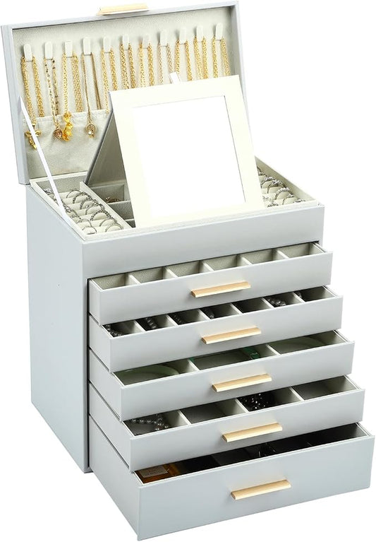 BOOVO Jewelry Boxes for Women, White and Black 6 Layer Large Jewelry Box for Necklace, Bracelet, Earrings, Rings Storage, Jewelry holder Organizer for Girls Gift (Grey and Gold, 6 layer) by BOOVO