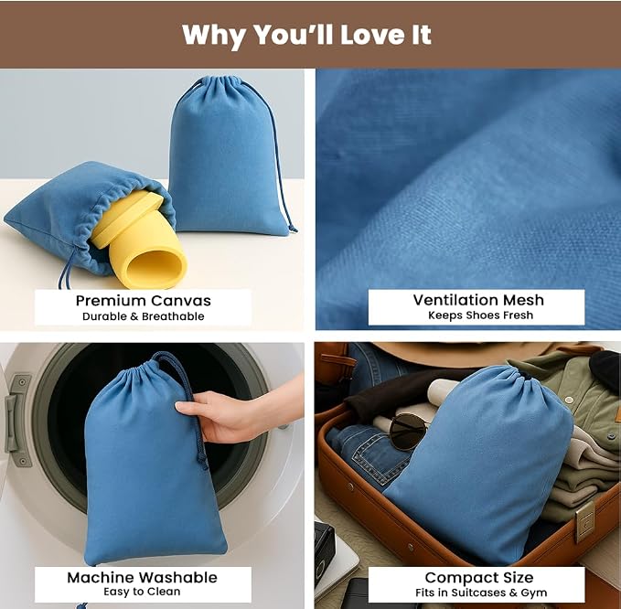 LFH Cotton Rich Shoe Storage Bags with Drawstring, Dustproof Breathable Reusable Organizer, Perfect For Travel, Dorm, Hotel, College, Gym, Easy to Carry, Machine Washable 8"x17" (Pack of 6) - Sky Blue - Image 3