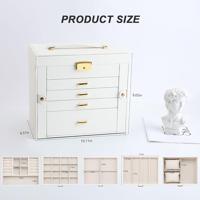 Jewelry Holder Organizer, Large Jewelry Boxes for Women, 5 Layers 4 Drawers Jewelry Box with Handle Jewelry Organizer for Earrings Rings Necklaces Bracelets, White - Image 7