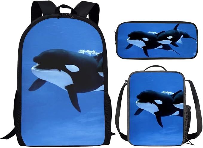 Kids Novelty Animal Backpack and Lunch Box for Boys Girls Student Lightweight 17 Inch School Blue Killer Whale Orca Backpack with Lunch Bag Pencil Case Kids Comfy Padded Large Bookbag - Image 2