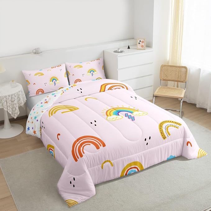 Rainbow Twin Comforter Sets For Girls, Kawaii Cartoon Cloud Duvet Insert, Girly Iridescent Down Comforter With 1 Pillow Case Hand Drawn Rainbow Quilt For Kids Boys Children Women Bedroom, Pink - Image 4