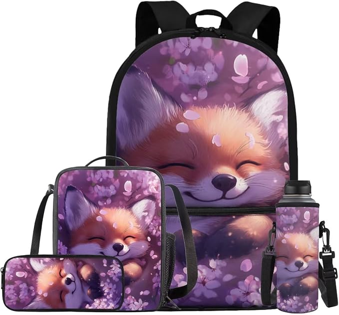 Cherry Blossom Fox Backpack for Girls Kids Backpack with Lunch Box Water Bottle Holder with Strap and Pencil Pouch 4PCS Bookbag with Front Pocket for School 17" Sturdy Elementary School Bag by ELEDIZI