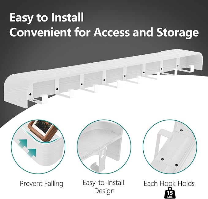 Coat Rack Wall Mount with Shelf 8 Hidden Hooks Modern Wooden Key Holder Entryway Organizer for Hallway Bedroom Bathroom Home Decor Storage for Hanging Coats Hats Bags Towels, White - Image 4