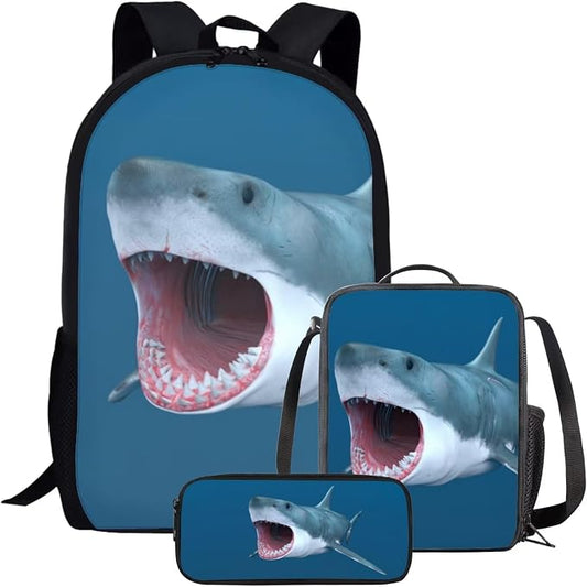 Kids Novelty Animal Backpack and Lunch Box for Boys Girls Student Lightweight 17 Inch School Shark Backpack with Lunch Bag Pencil Case Kids Comfy Padded Black Large Bookbag by Parprinty