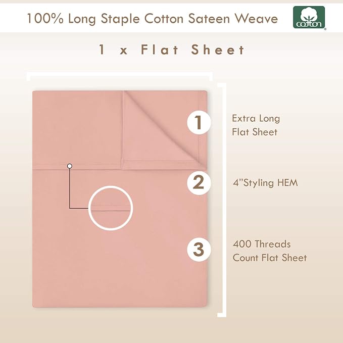 Pizuna Pure 100% Cotton Flat Sheets Only King Pale Rose Pink (1 PC), Luxurious 400 Thread Count Long Staple Cotton Sateen with 4" Hem (Combed King Flat Sheet Only Cotton) - Image 3