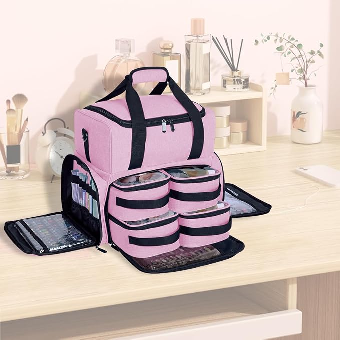 Large Makeup Bag Double Layer with 4 Removable Case,Pink | Large Makeup Bag with 4 Removable Case and 2 Removable Dividers Double Layer Travel Cosmetic Makeup Brushes Storage Section - Image 6