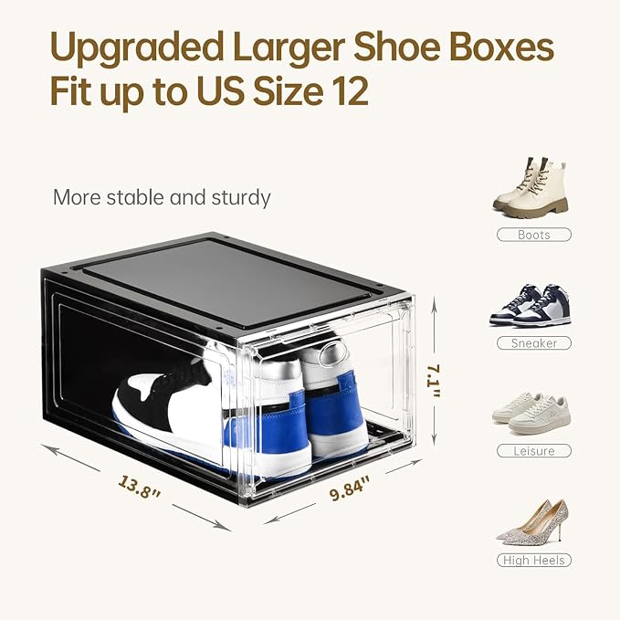 Amllas 10 Pack Shoe Boxes Stackable,Upgraded Sturdy Storage Boxes with Clear Magnetic Door,Multifunctional Sneaker Organizer Fit up to US Size 12 (13.8”x 9.84”x 7.1”) - Image 2