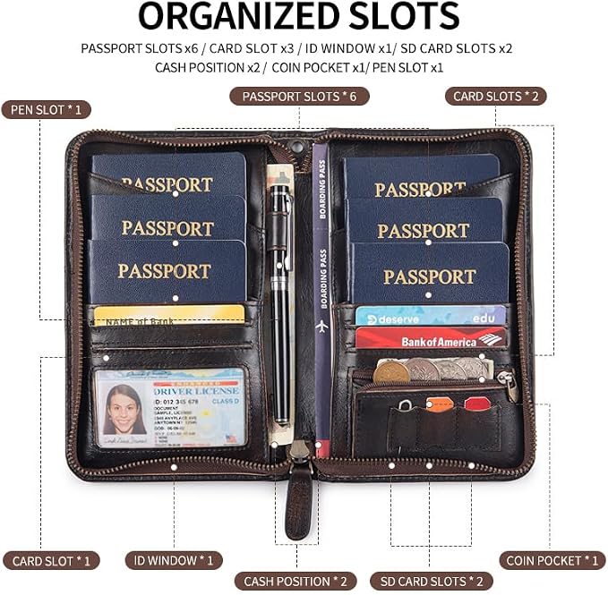 Passport Holder for Travel Family with Strap Genuine Leather RFID Blocking Travel Document Organizer Wallet with Pen Holder, Antiqued - Image 5