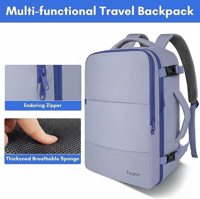 Taygeer Large Travel Backpack for Men Women, 35L Carry On Backpack | Airline Approved Personal Item Travel Bag with Water Bottle Pocket & Shoe Pouch, Laptop Backpack for Gym Hiking, Gray Blue - Image 8