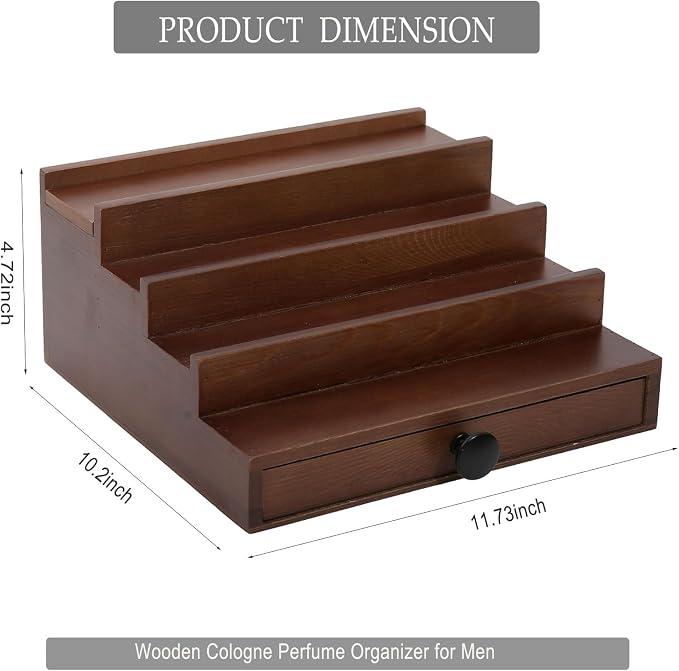 4 Tier Men's Cologne Organizer, Walnut Brown Wood Display Stand with Drawer | Tiered Cologne Shelf, Display Rack and Tray, Drawer Storage, Countertop Dresser Organizer, Mens Room Decor, Gift for Him - Image 5