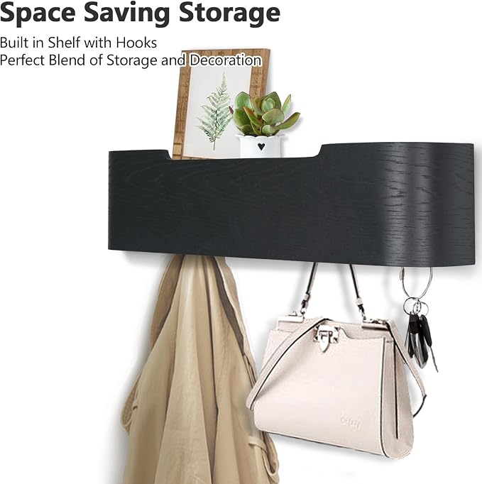 Coat Rack Wall Mount with Shelf 4 Hidden Hooks Modern Wooden Key Holder Entryway Organizer for Hallway Bedroom Bathroom Home Decor Storage for Hanging Coats Hats Bags Towels, Black - Image 2