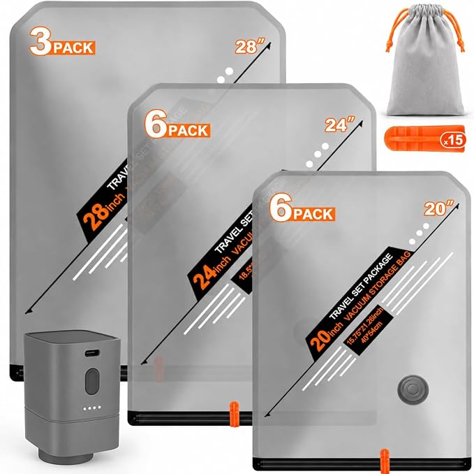 Vacuum Storage Bags with Rechargeable Cordless Pump, Portable Vacuum Seal Bags for Travel luggage Home Organization, Electric Pump Space Saver Compression Bags for Clothes, Blankets, Seasonal Storage by CGGSNDF