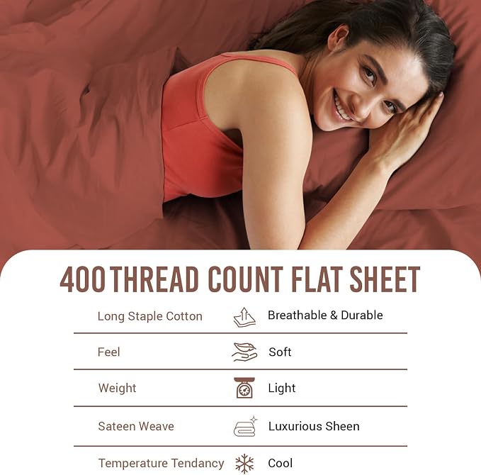 Pizuna Pure 100% Cotton Flat Sheets Only Queen Brick Red (1 PC), Luxurious 400 Thread Count Long Staple Cotton Sateen with 4" Hem (Combed Queen Flat Sheet Only Cotton) - Image 4