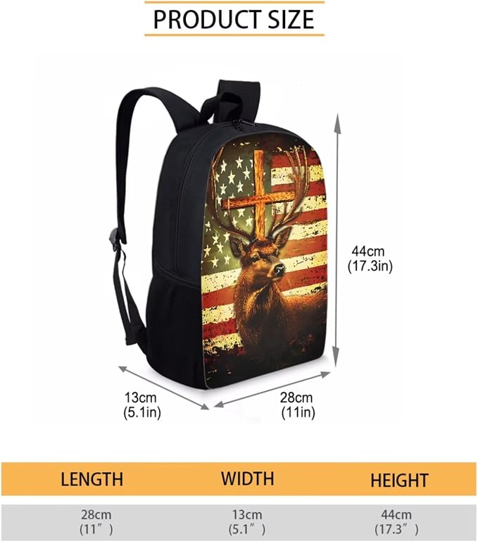 Deer American Flag Cross Backpack Set with Portable Lunch Bag and Pencil Box, Kids Lightweight School Bookbag Set for Teenager, Large Knapsack Set for Girls and Boys - Image 4