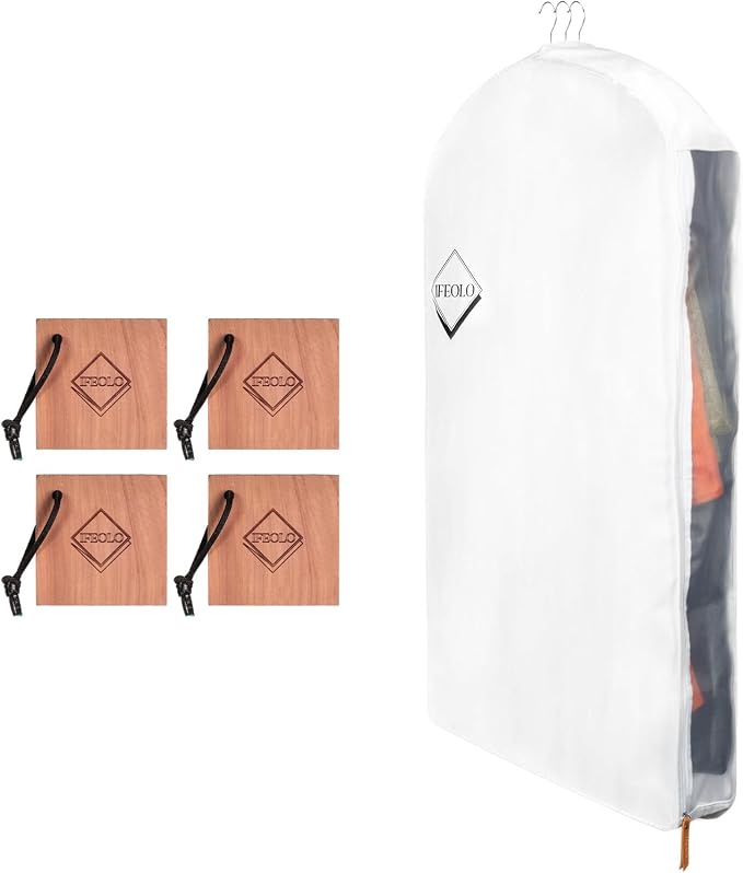1PC Luxury 48'' Organic Cotton Garment Storage Bag | 4 Cedar Blocks for Fresh Smell| Breathable Garment Bag for Hanging Clothes for Closet Best for Suits, Sweaters, Short Dresses, Gowns by ifeolo