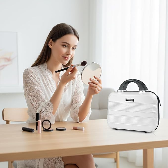 14 Inch Waterproof Hard Shell Travel Makeup Case (White) | ABS Scratch-Proof, Carrying Cosmetic Organizer Case with Elastic Band, Train Case, Mini Suitcase Vanity Case for Women Girl - Image 7