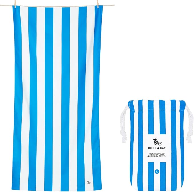 Dock & Bay Beach Towel - Quick Dry, Sand Free - Compact, Lightweight - 100% Recycled - Includes Bag - Cabana - Bondi Blue - Large (160x90cm, 63x35) by DockBay