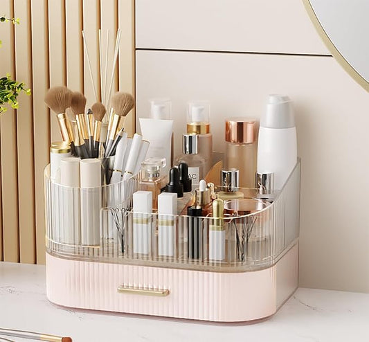 Makeup Organizer with Stackable Drawer and 360 Rotating Brush Holder, Cosmetic Storage Display, 11-inch Wide Beauty Counter, Pink, Large (Tray + 1 Drawer) by STORICANS