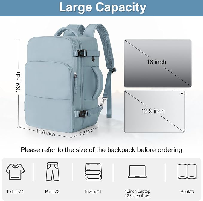 Sinaliy Travel Backpack for Women, Flight Approved Carry On Backpack, College Bag, Casual Daypack, Hiking Waterproof Business Bag | Waterproof 16 Inch Laptop Backpack for Work, College, Weekend, Business, Travel Bag with Wet Pocket, Light Blue - Image 8
