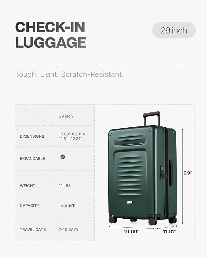 Coolife Checked Suitcases Luggage: Large Travel Luggage with Spinner Wheels Expandable Hardside Suitcases with TSA Lock,29 Inch Green - Image 7