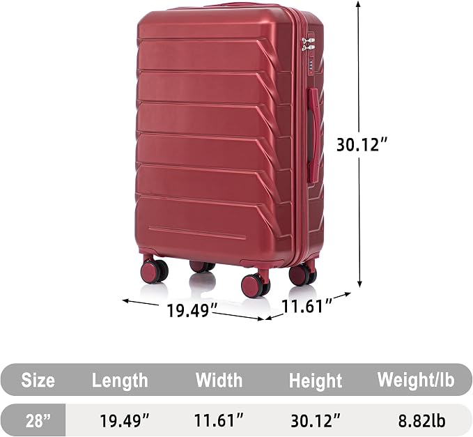 GDFStudio 28" ABS Hardshell Checked Luggage, Large Capacity Travel Suitcase with Scratch Resistant Surface, 360° Silent Spinner Wheels, Combination Lock, Telescopic Handle and Side Hooks, Wine Red - Image 2