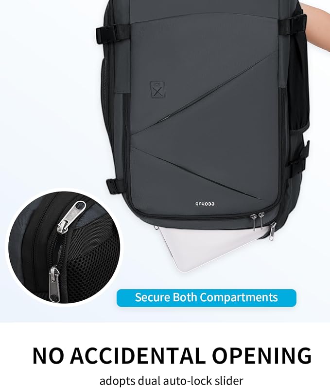 ECOHUB Carry On Travel Backpack, Expandable Airlines Personal Item Bag 18x14x8, Water Resistant 17 inch Laptop Backpack Flight Approved, 12 Pockets 30L Work Backpacks with Wet Pocket Cable Slot, Grey - Image 5