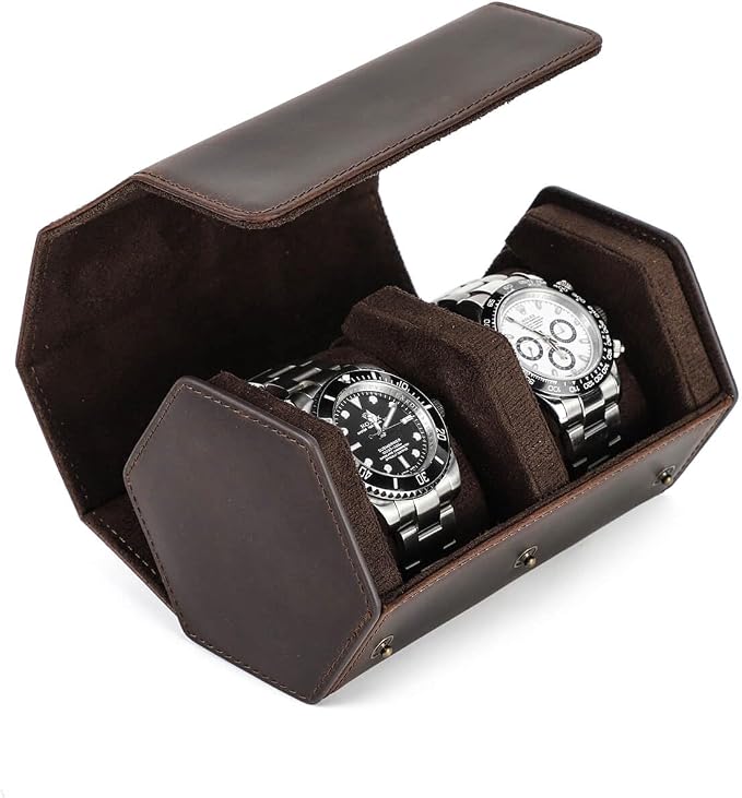 Hiram Genuine Leather Hexagon Watch Roll Travel Case, Leather 2-Watches Roll Case with Removable Pillow Cushion for Treasured Watches and Bracelets by Hiram
