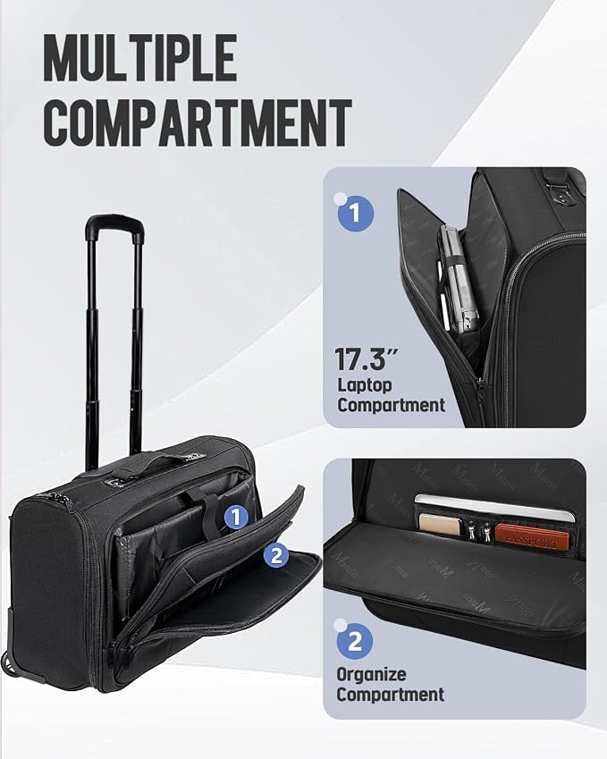 MATEIN Carry On Garment Bag with Wheels, Wheeled Garment Travel Suit Bag | For Airline Travel, 2 Packing Cubes, 22x14x9, Business 2 Wheel Luggage Suitcase, Fits 17.3" Laptop, For Men Women, Black - Image 2