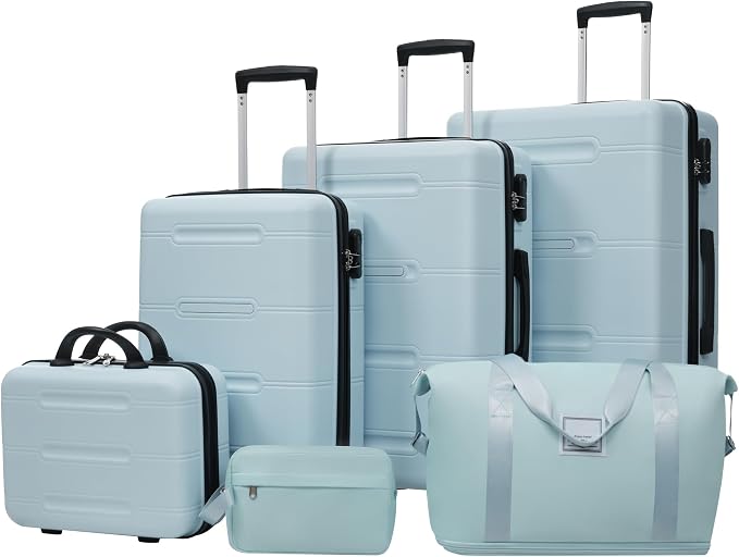 Light Blue 6 Piece Luggage Set Hard Shell - Checked Suitcases with Spinner Wheels and Duffel Bags for Family Travel, Durable Carry On Luggage Sets with Lock & Cosmetic Case for Women and Men by Unknown