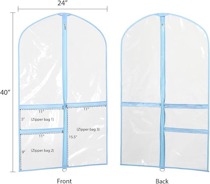 Zilink Clear Dance Costume Garment Bag 40” Dance Competition Bag Waterproof Dance Garment Bag with 3 Clear Zipper Pockets，Set of 4 (Clear/Blue) - Image 3
