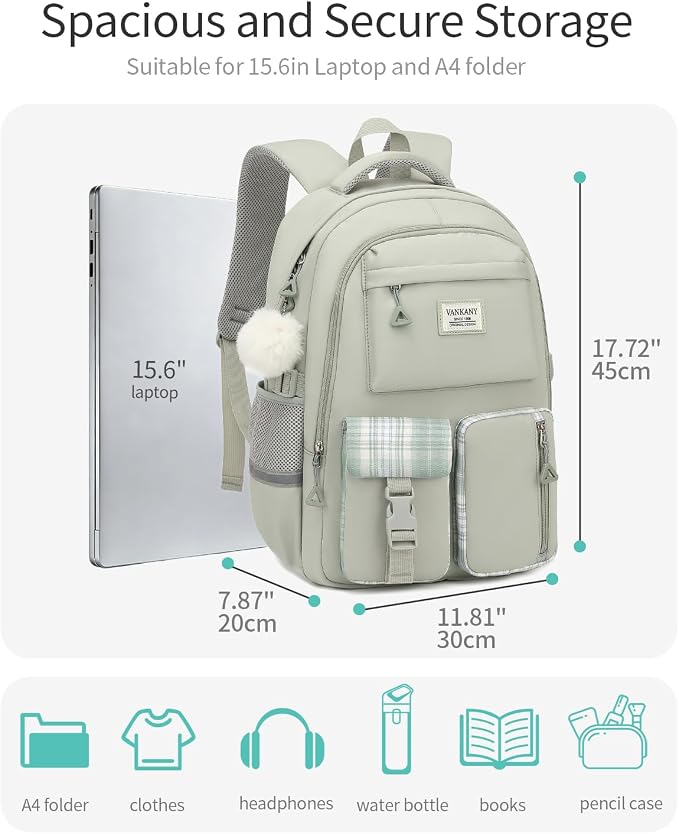 School Backpack for Teen Girls, Big Student Laptop Backpack Aesthetic Bookbags for College Women Elementary Middle High School Travel Mochilas Escolares, Light Green - Image 3