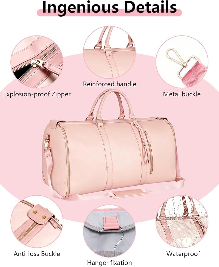 2 in 1 Convertible Garment Duffle Bags for Travel 45L Waterproof Carry on Duffle Bag for Men & Women with Shoe Lmproved Zipper and Reinforced Straps Suitable for Business & Weekend Trips Pink - Image 5