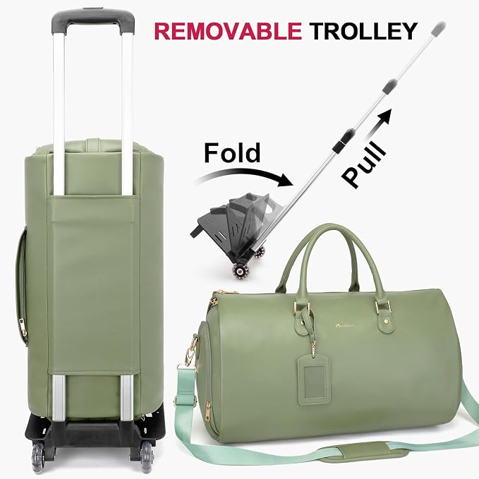 Modoker Rolling Garment Bags with Wheels, Women Garment Duffel Bag for Travel, PU Leather Convertible Garment Bag with Trollery Suit Luggage Bag (Green) - Image 2