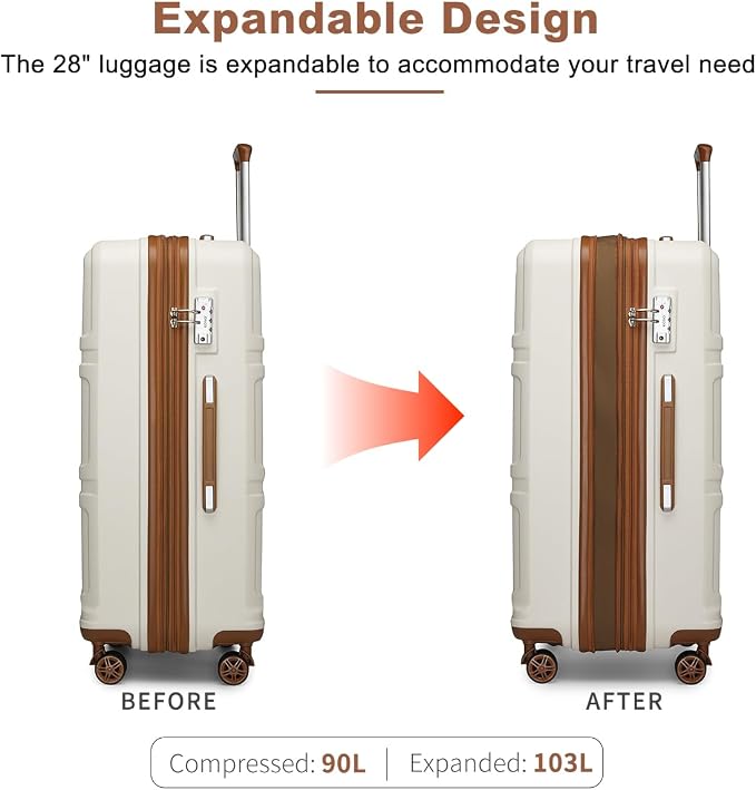 Kono 28 Inch Luggage Expandable Suitcase with Spinner Wheels TSA Lock | Lightweight PC+ABS Hardside Large Checked Luggage Durable Rolling Suitcase Cream White - Image 3